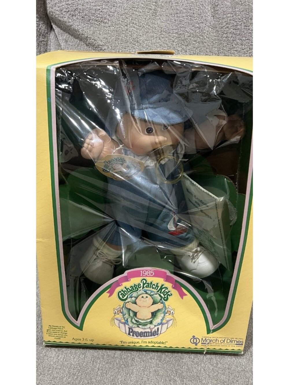 VTG Coleco March Of Dimes Cabbage Patch Kid Preemie Baby Doll Boy Blue Eyes 1985